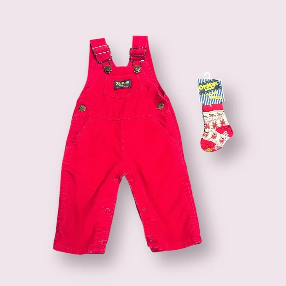 Vintage Baby OshKosh B'gosh Red Corduroy Overalls W/Christmas Socks NWT